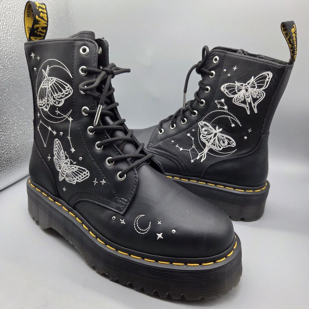 Dr. Martens Jadon Boots Celestial Moth Embroidered Platform Black Women's Sz 11